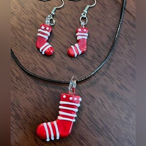 Christmas Holiday Jewelry Necklace & Earrings Set Stocking Socks Red Sox